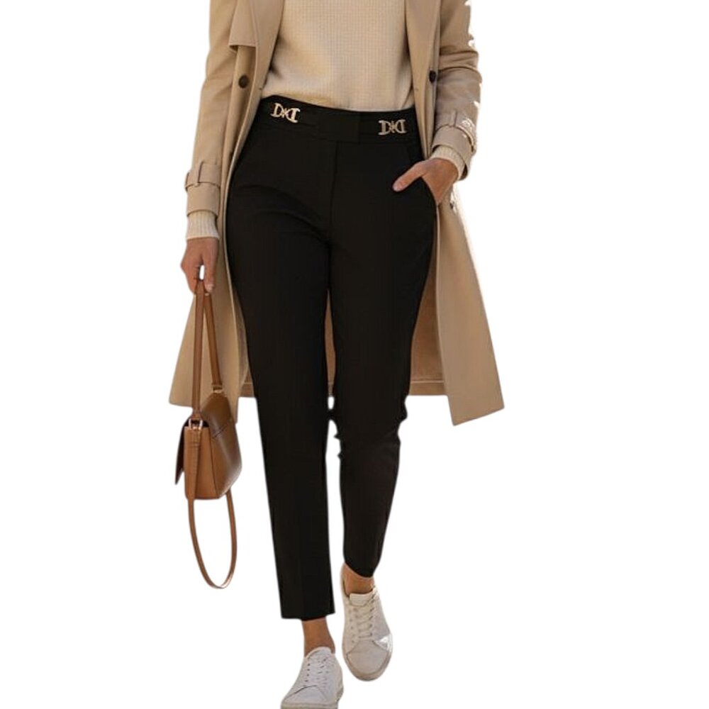 Women's trousers On Chio black, size M. Straight trousers with a gold buckle